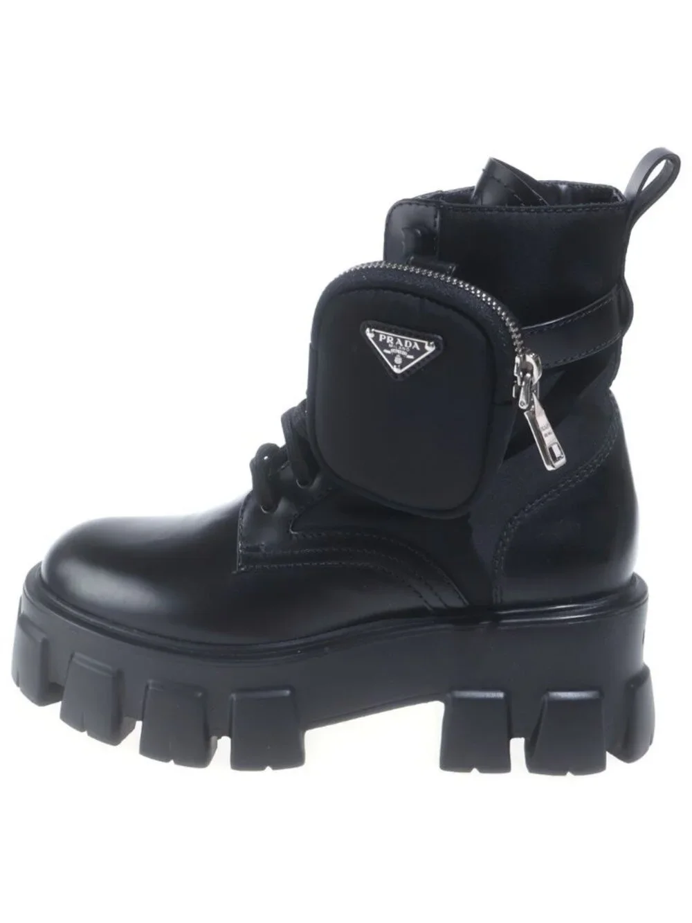 Prada Leather Short Boots with Monolith Pouch Shoes Re-Nylon Triangle Logo Black